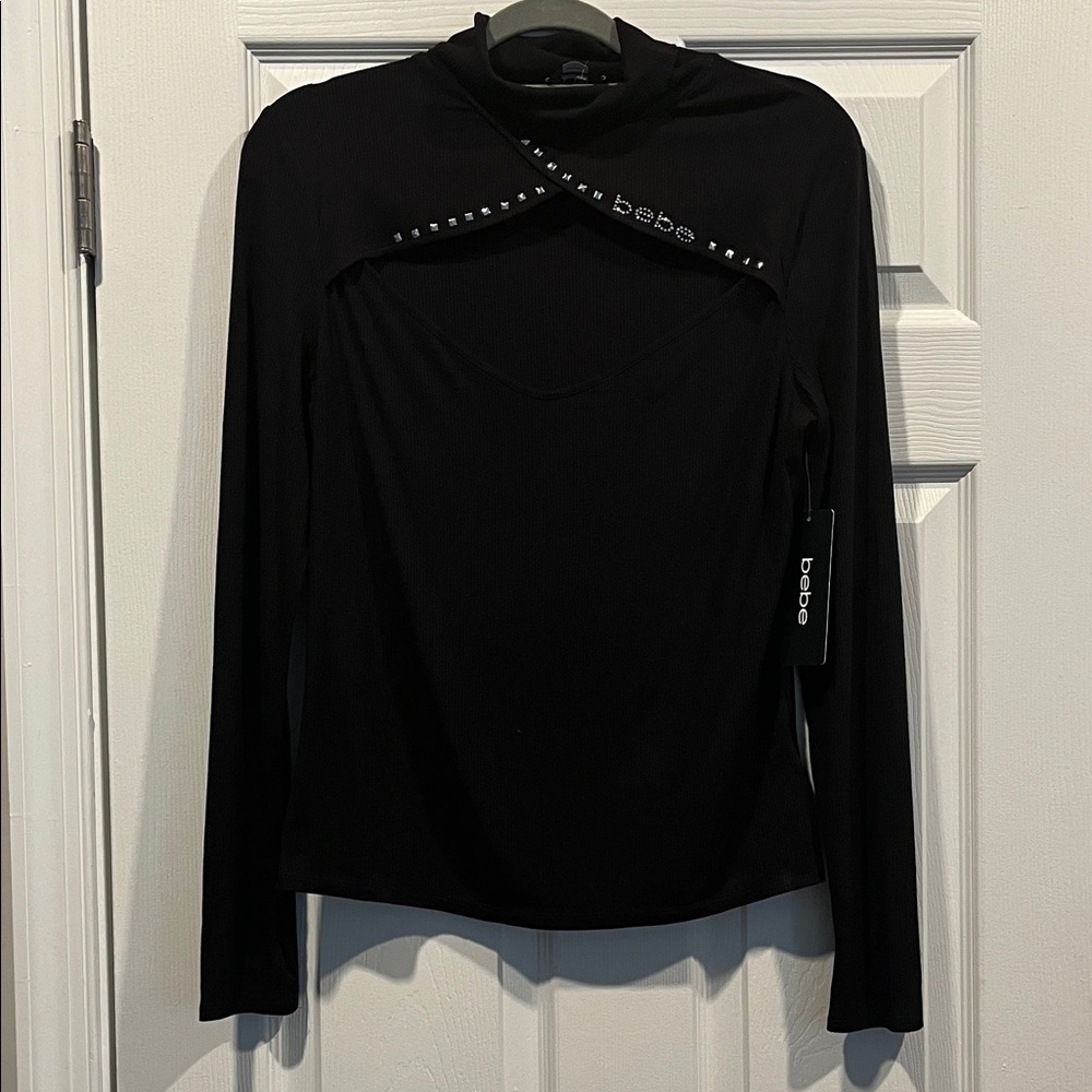 Bebe Swarovski. Logo Studded Black Long Sleeve Top with Cutout Detail‎ Y2K